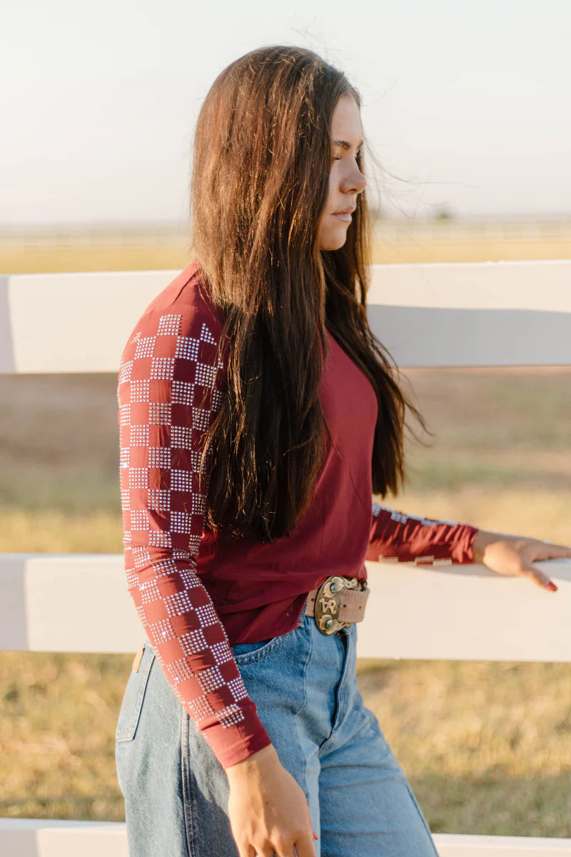 CHECKED IN MAROON MESH TOP