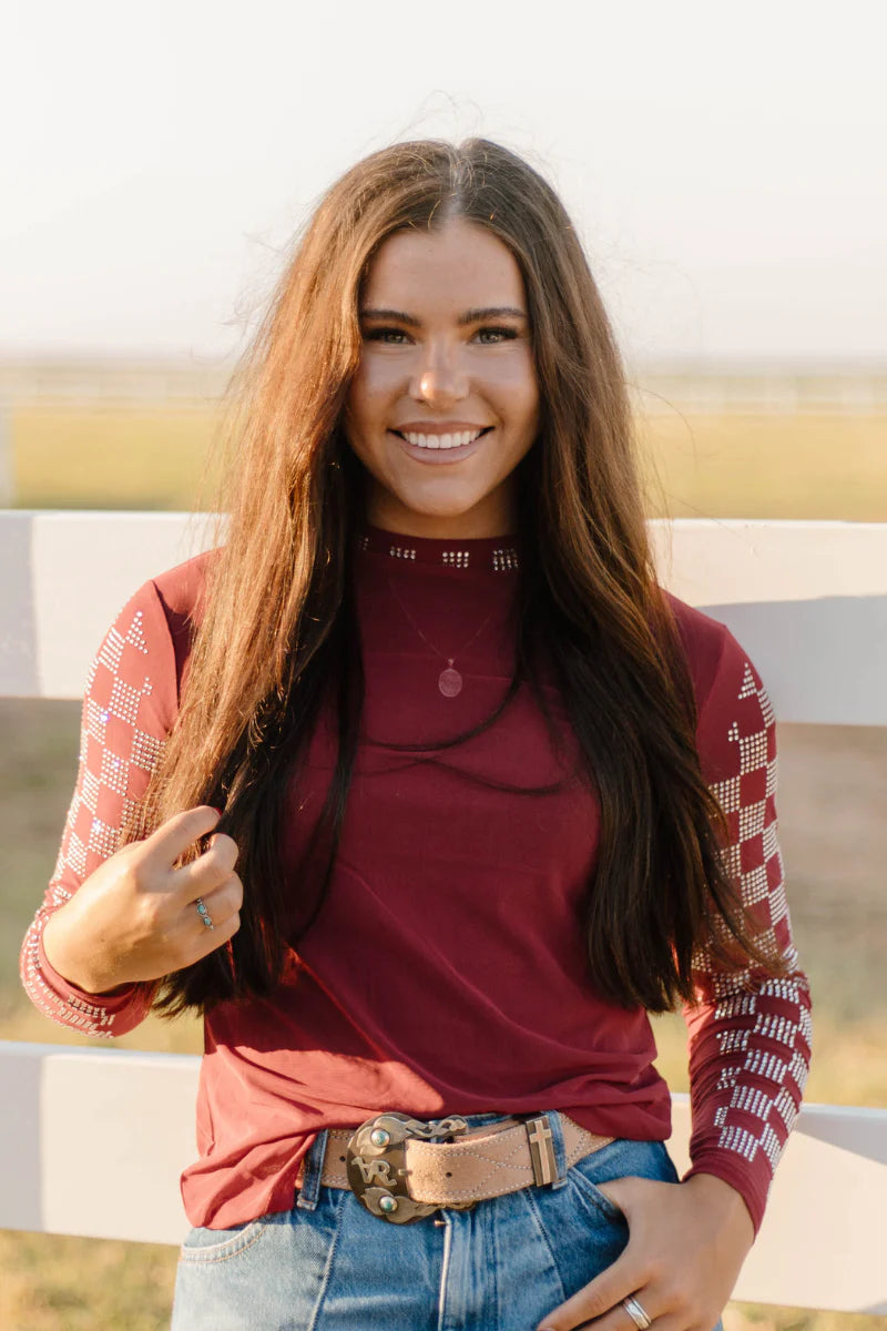 CHECKED IN MAROON MESH TOP