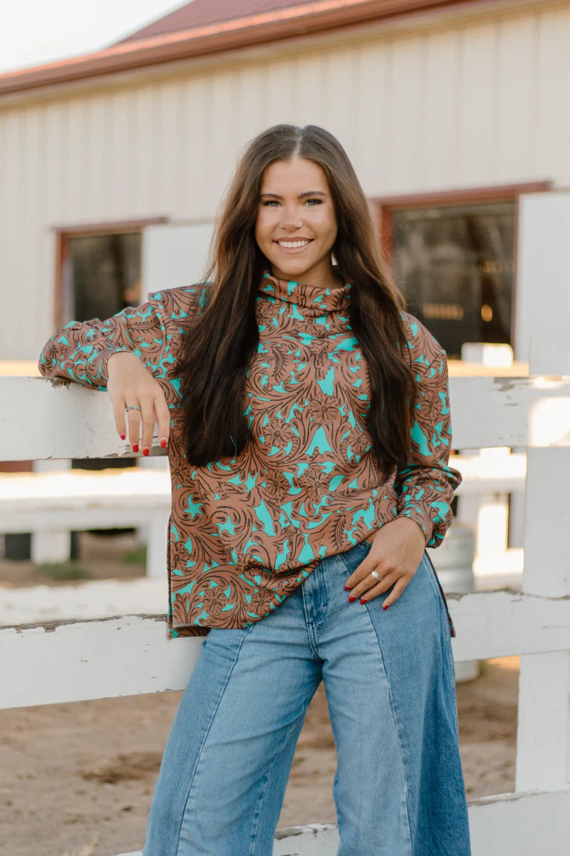 TURQUOISE TOOLED MOCK NECK
