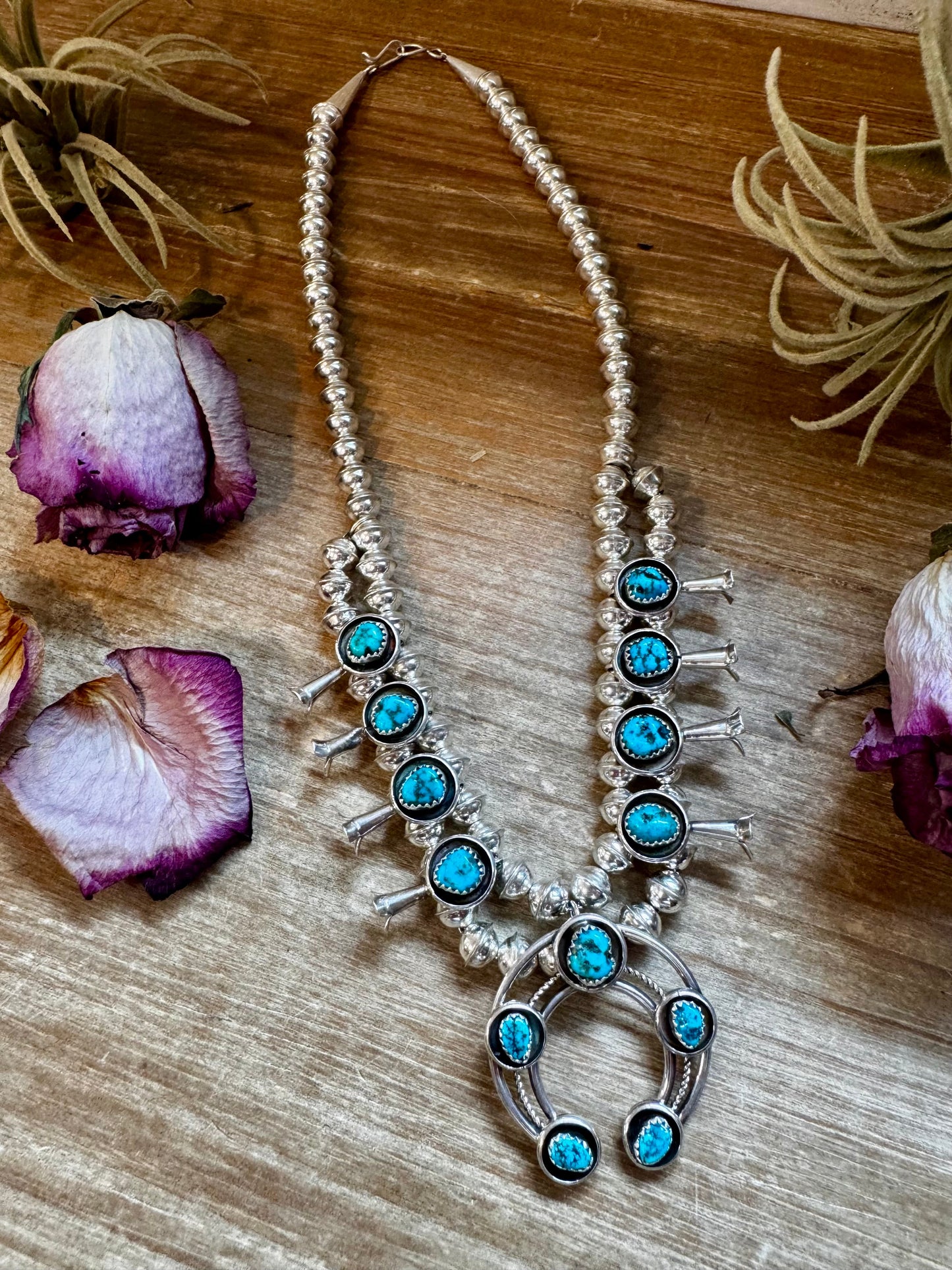 Mini Squash Blossom Necklace & Earrings – Kingman Turquoise – Sterling Silver – Native Made by Lonora Garcia – 17.5"