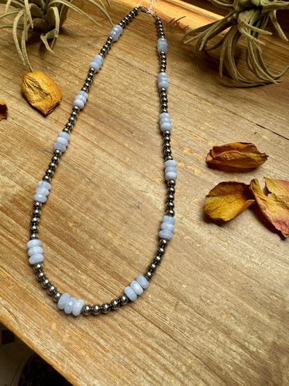 Blue Lace Agate & Sterling Silver Pearl Necklace – 20 ½” Plus Extender