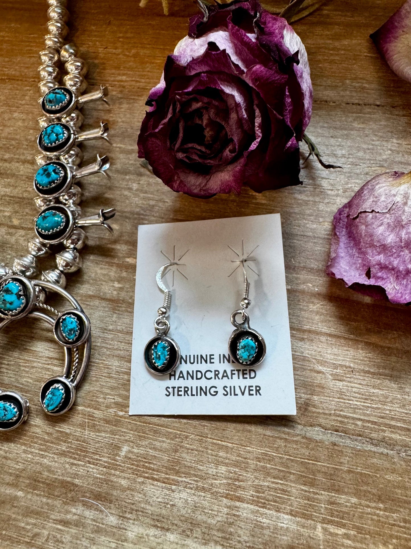 Mini Squash Blossom Necklace & Earrings – Kingman Turquoise – Sterling Silver – Native Made by Lonora Garcia – 17.5"
