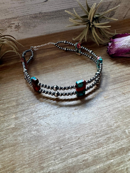 Pink/turquoise Double Strand Necklace – 13” Beaded – Sterling Silver Pearls & Rectangle Variscite