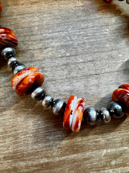 NFR Collection Necklace – 10mm Sterling Silver Pearls with 20mm Red Spiny Oyster – Handmade by The Bijoux FAB – 19"