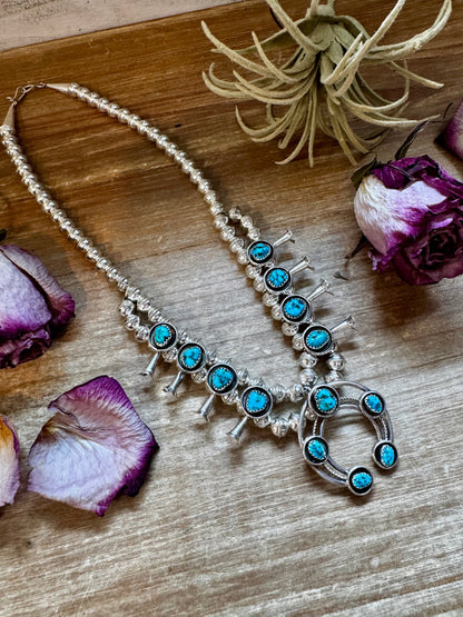 Mini Squash Blossom Necklace & Earrings – Kingman Turquoise – Sterling Silver – Native Made by Lonora Garcia – 17.5"