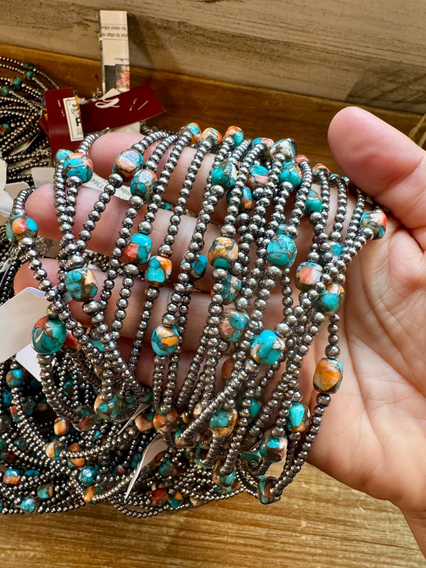 Mixed Turquoise & Spiny Oyster Necklace – 3mm Sterling Silver Pearls