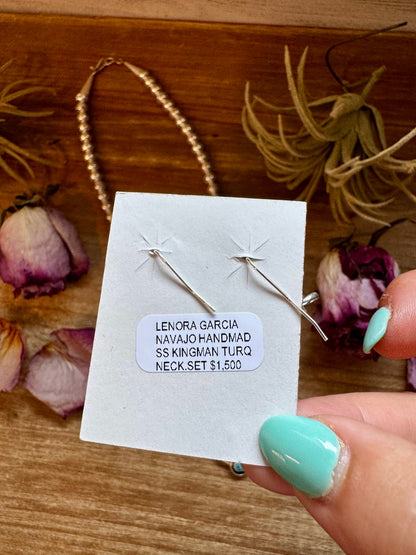 Mini Squash Blossom Necklace & Earrings – Kingman Turquoise – Sterling Silver – Native Made by Lonora Garcia – 17.5"