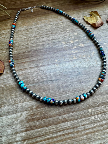 18 Inch 5 mm sterling silver pearls necklace with RARE Lapis mix with spiny & turquoise rondelle beads