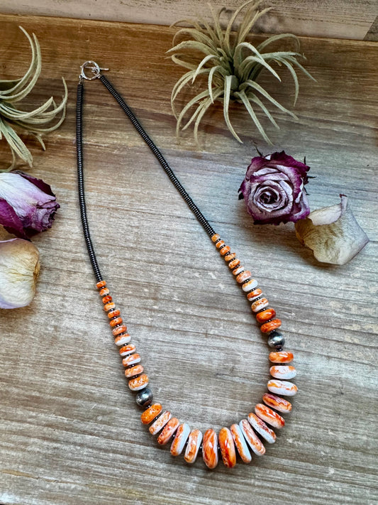 23 inch Graduated Orange Spiny Necklace with Sterling Silver Pearls