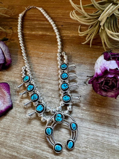 Mini Squash Blossom Necklace & Earrings – Kingman Turquoise – Sterling Silver – Native Made by Lonora Garcia – 17.5"