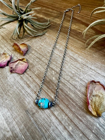 16 inch long necklace with saucer Sterling Silver Pearls and turquoise Variscite