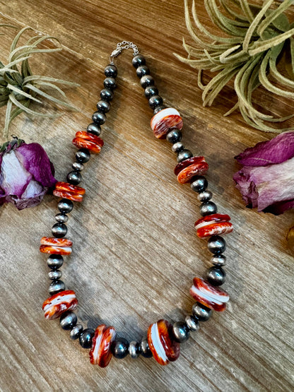 NFR Collection Necklace – 10mm Sterling Silver Pearls with 20mm Red Spiny Oyster – Handmade by The Bijoux FAB – 19"