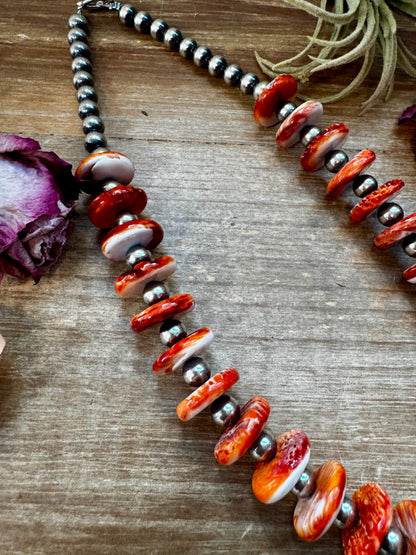 NFR Collection Necklace – 8mm Sterling Silver Pearls with 16mm Spiny Oyster Rondelle – Handmade by The Bijoux FAB – 20"