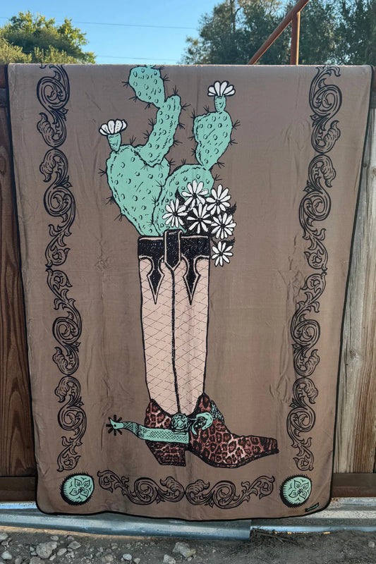 BOOTS AND BURLAP BLANKET