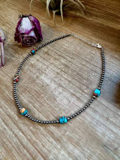Mixed Turquoise & Spiny Oyster Necklace – 3mm Sterling Silver Pearls