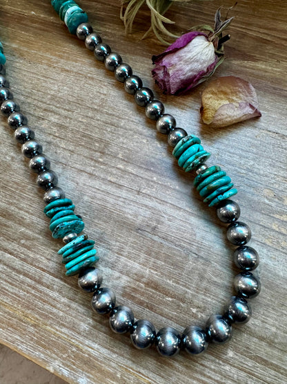 NFR Collection Necklace – 8mm, 10mm & 14mm Sterling Silver Pearls with Turquoise – Handmade by The Bijoux FAB – 37"