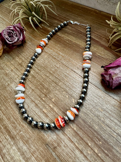 Spiny Oyster &amp; Sterling Silver Pearl Necklace – 8mm – Handmade by The Bijoux FAB – 17.5"