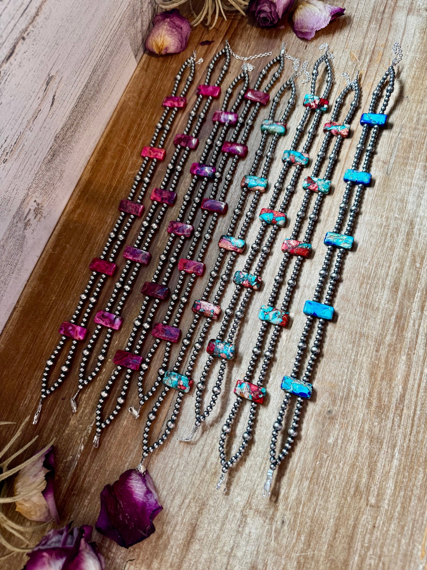 Pink/turquoise Double Strand Necklace – 13” Beaded – Sterling Silver Pearls & Rectangle Variscite