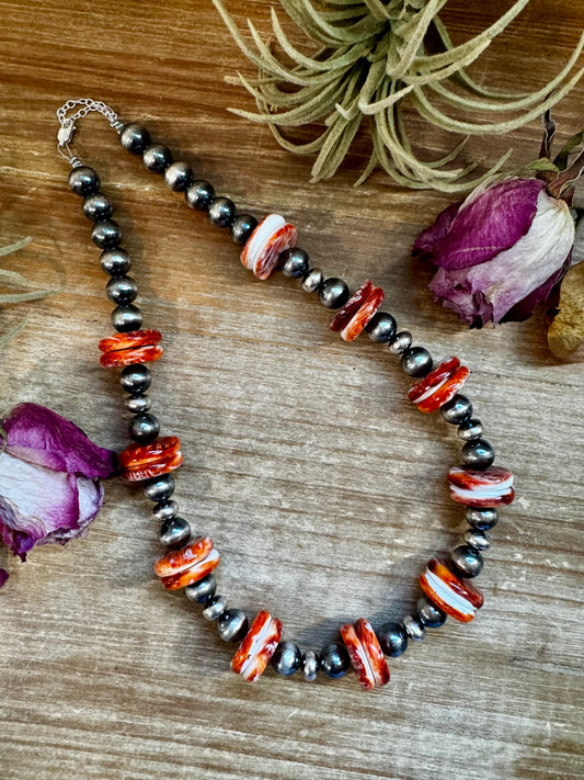 NFR Collection Necklace – 10mm Sterling Silver Pearls with 20mm Red Spiny Oyster – Handmade by The Bijoux FAB – 19"