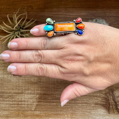 Long Ring- Size 5 - mix stone turquoise, spiny and sterling silver