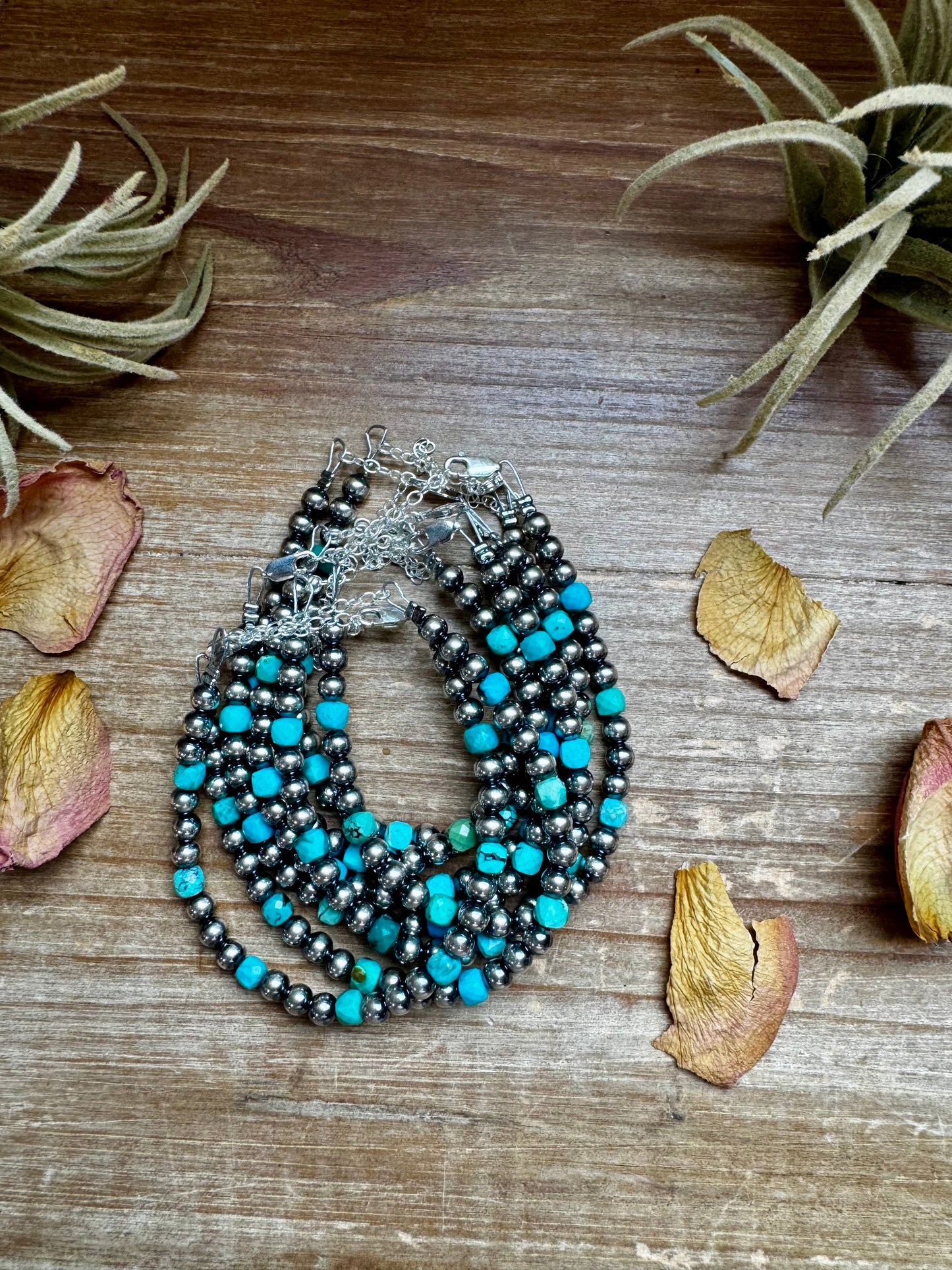 5mm Sterling Silver Pearl & Faceted Turquoise Bracelet