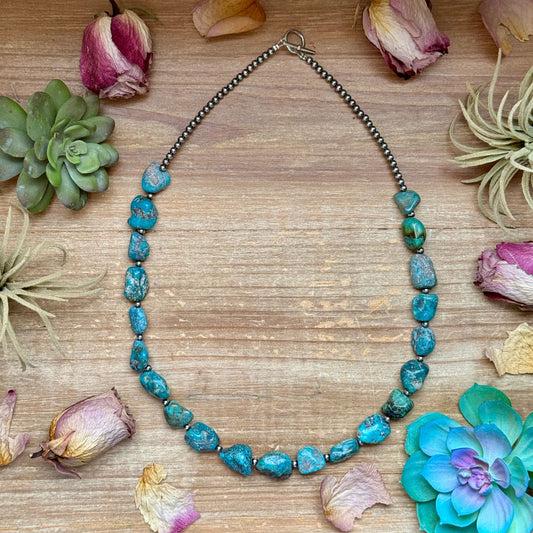 Blue Turquoise Nugget Necklace – Sterling Silver – 24”