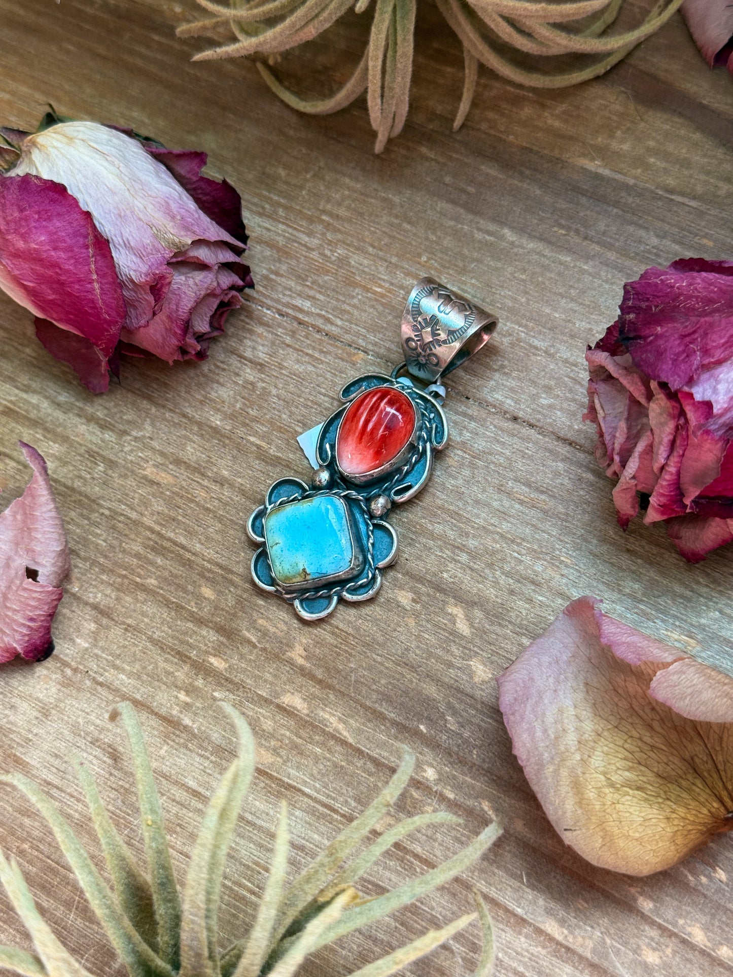 Red Spiny Oyster & Golden Hills Turquoise Sterling Silver Pendant – Stamped Gilbert Nez