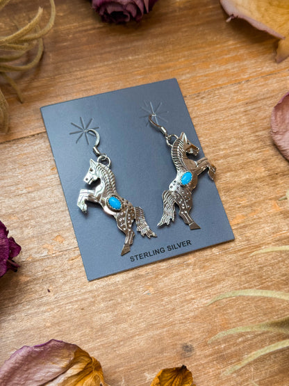 The Trouble – Sterling Silver Horse Earrings with Kingman Turquoise – Native Made by L.Y.
