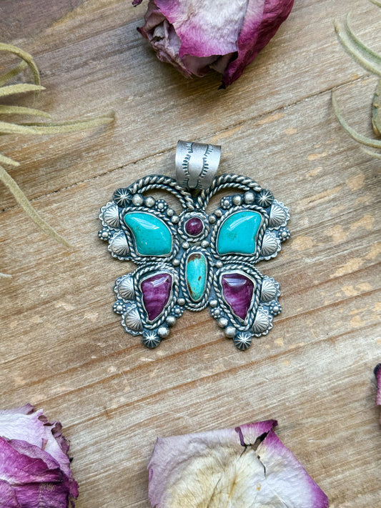 Sterling Silver Butterfly Pendant with Kingman Turquoise & Purple Spiny Oyster – Handmade by Artist Shay Pfeiffer