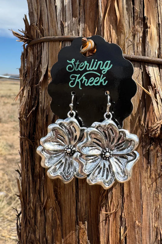 TOOLED FLOWER DANGLE EARRINGS