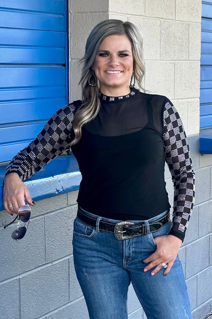 CHECKED IN BLACK MESH TOP
