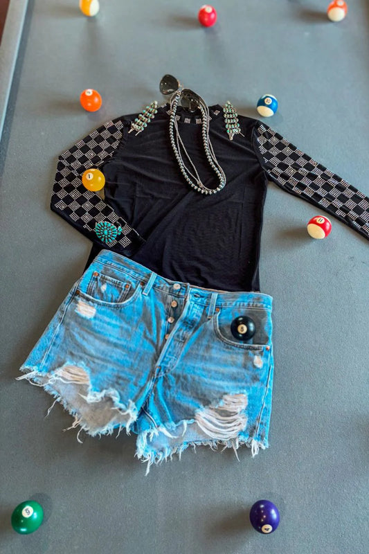 CHECKED IN BLACK MESH TOP