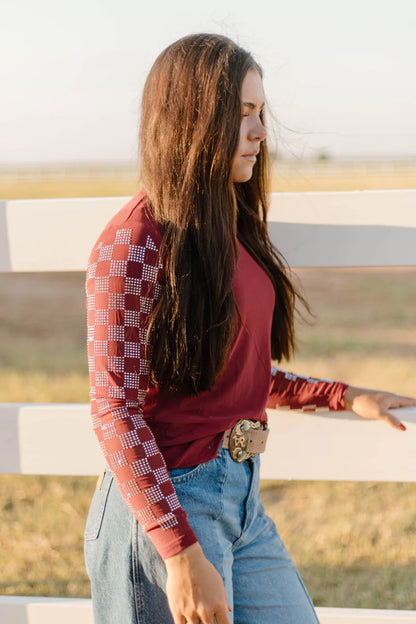 CHECKED IN MAROON MESH TOP