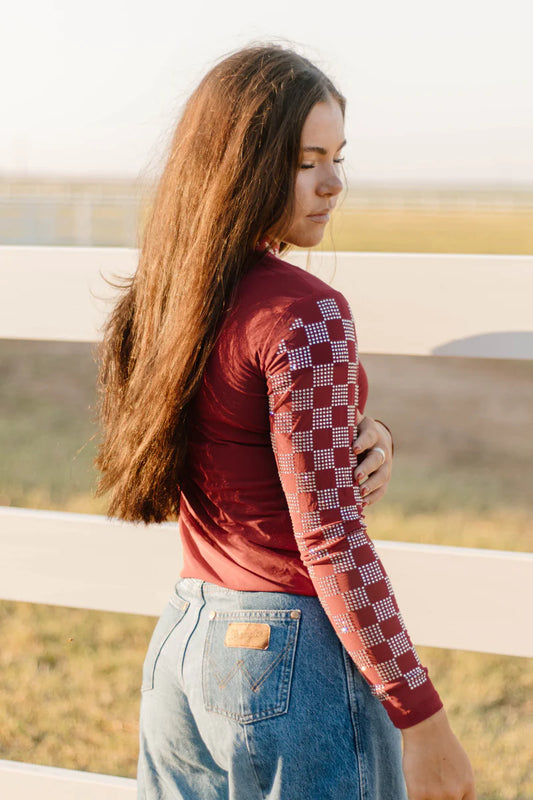 CHECKED IN MAROON MESH TOP