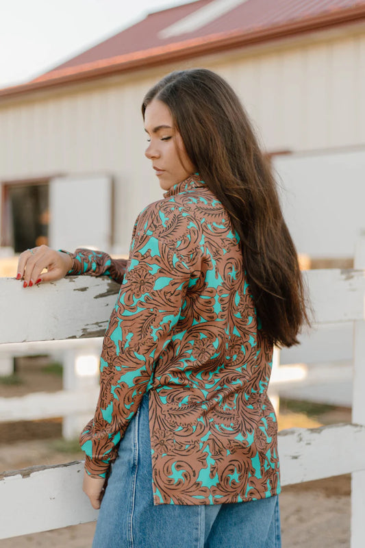 TURQUOISE TOOLED MOCK NECK